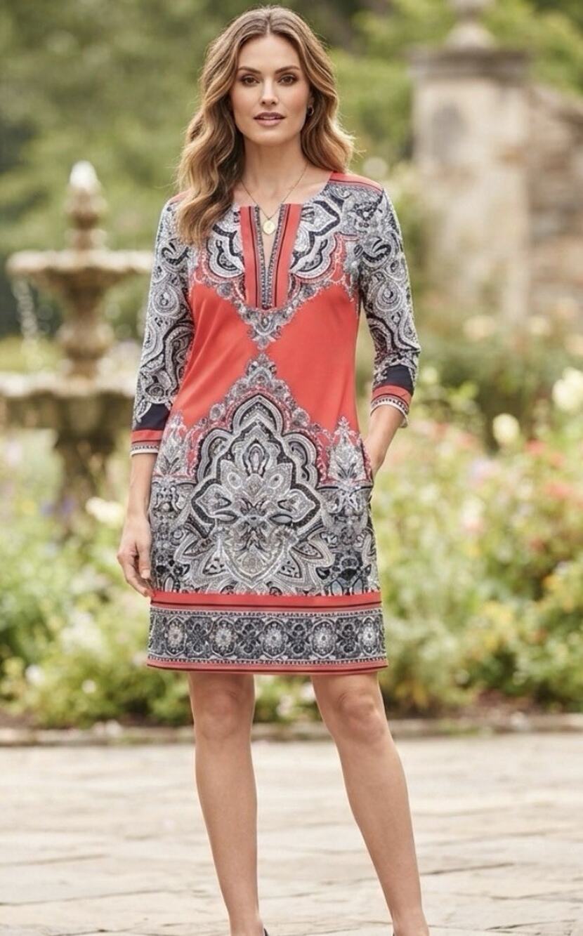 Sandra Darren Coral Navy Sz 16 Stretchy Paisley Sheath Shift Dress Bold Casual